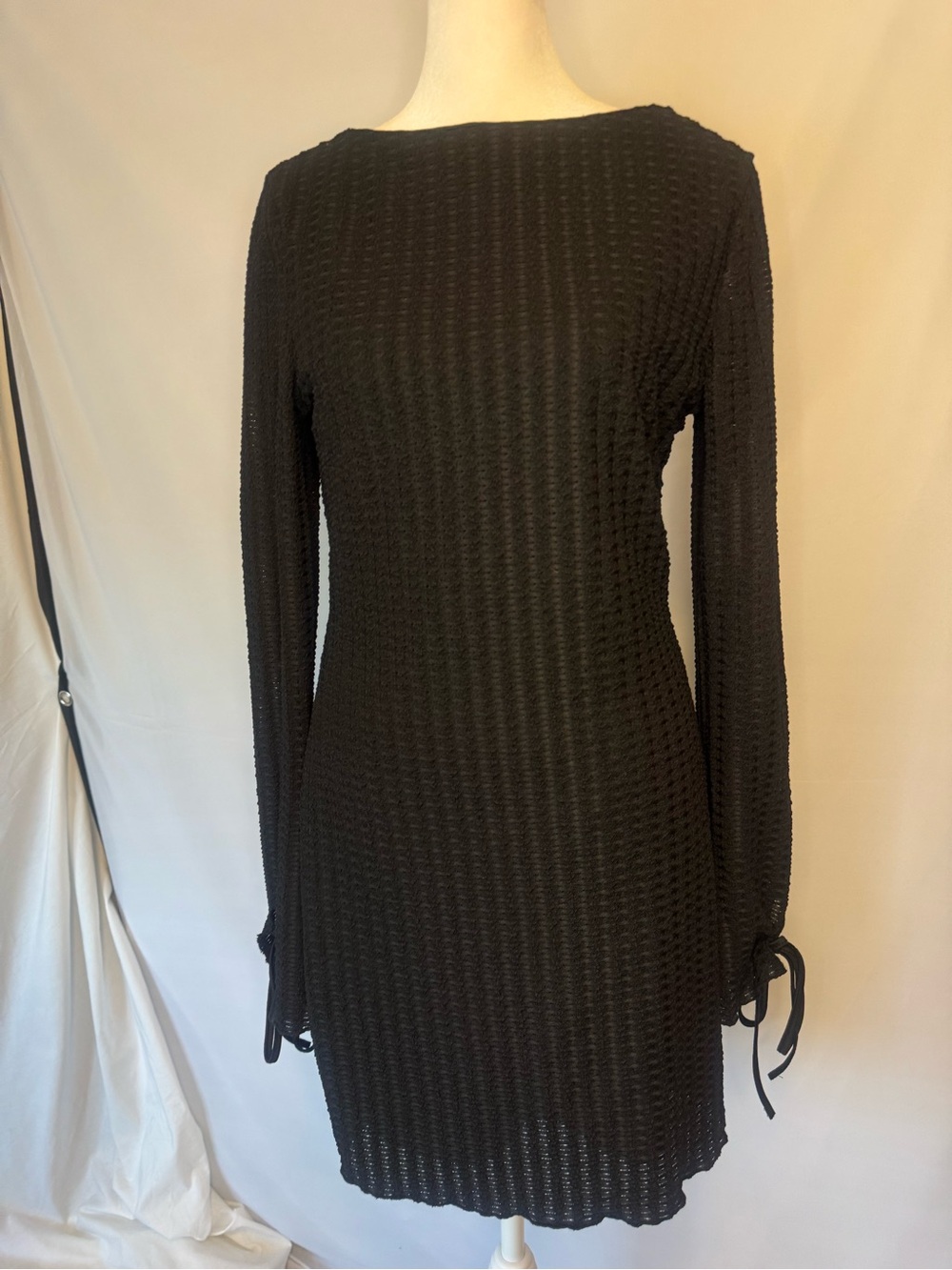 Black Long Sleeve Textured Knit, Lined Mini Dress, Square Low Back